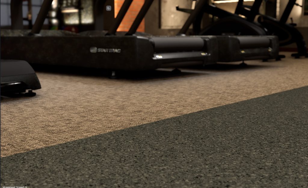 Close-up of Performance Rally and Chilewich flooring with fitness machines in a gym.