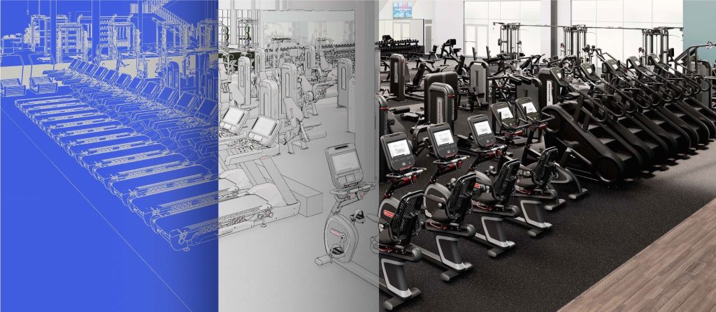 Three-step fitness design process showcasing layout, grayscale model, and final photorealistic rendering of fitness space.