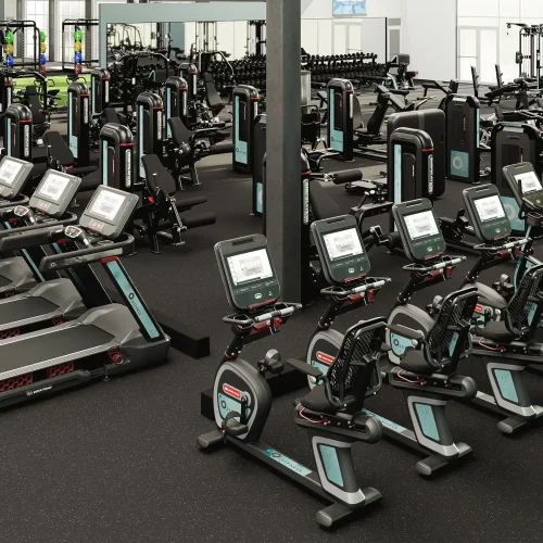 Photorealistic 3D render of an O2 Fitness facility featuring branded gym machines with our Engineered Graphics.