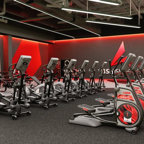 Photorealistic 3D render of a BSN Sports fitness facility featuring ellipticals customized with engineered graphics and full fitness equipment branding.