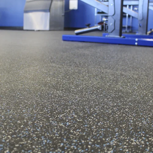 Close-up view of a Performance Rally flooring installation in the Blue Jays color.